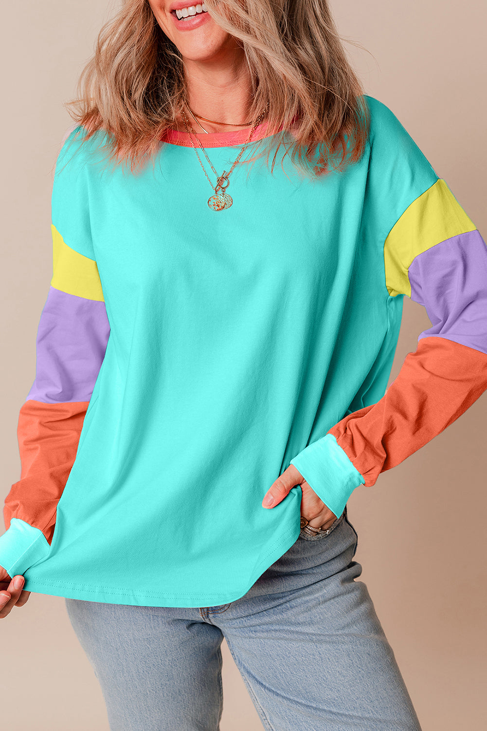 Dark blue colorblock patchwork long sleeve top by ModestAndDevoted, loose fit, made of cotton and elastane, casual fashion top.