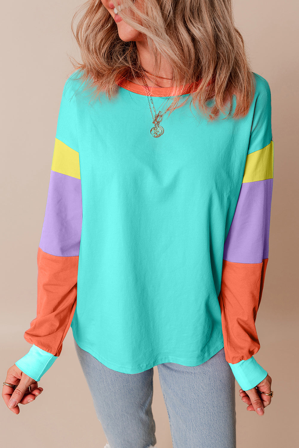 Dark blue colorblock patchwork long sleeve loose top by ModestAndDevoted, made of cotton and elastane, featuring a relaxed fit.