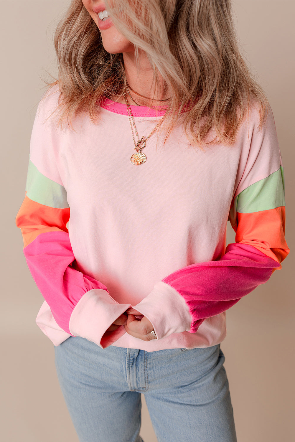 Dark blue colorblock patchwork long sleeve loose top by ModestAndDevoted featuring cotton and elastane fabric with a relaxed fit.