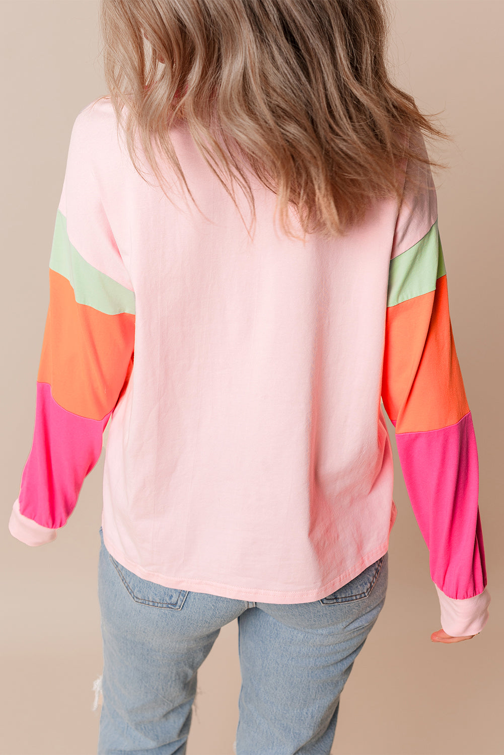 Dark blue colorblock patchwork long sleeve top by ModestAndDevoted, featuring a loose fit and cotton-elastane fabric.