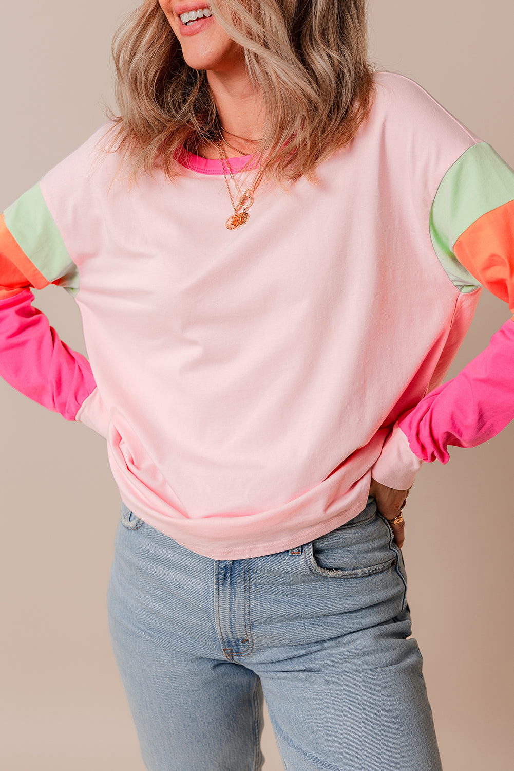 Dark blue colorblock patchwork long sleeve loose top by ModestAndDevoted, featuring a relaxed fit and stylish design.
