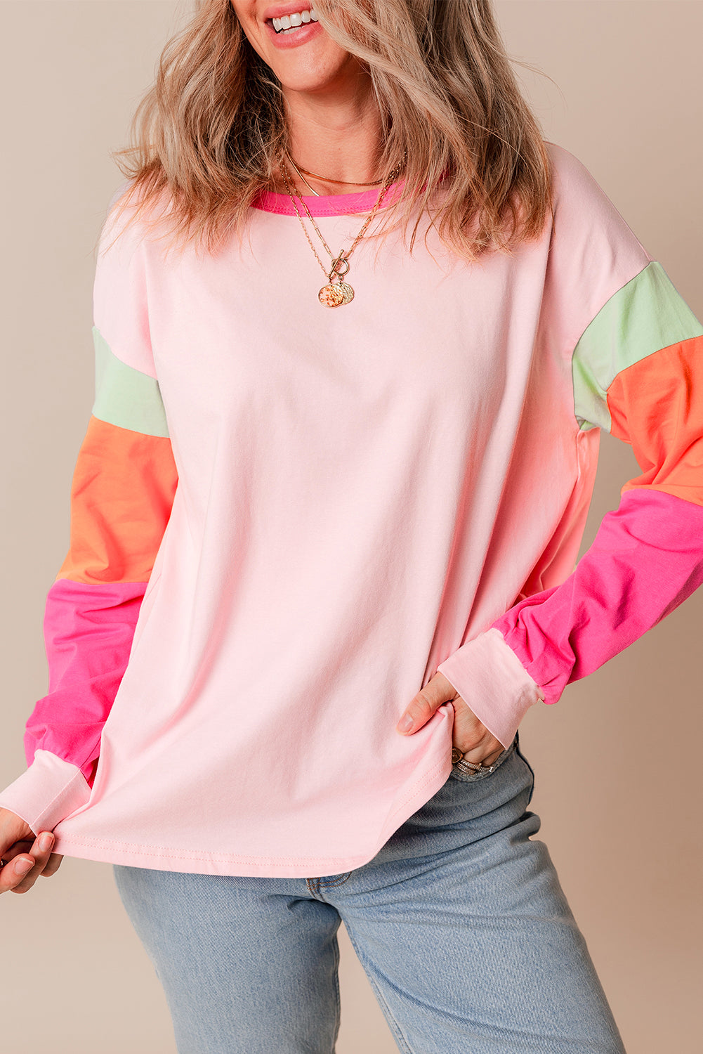 Dark blue colorblock patchwork long sleeve top by ModestAndDevoted, loose fit, cotton-elastane blend, stylish casual long sleeve shirt