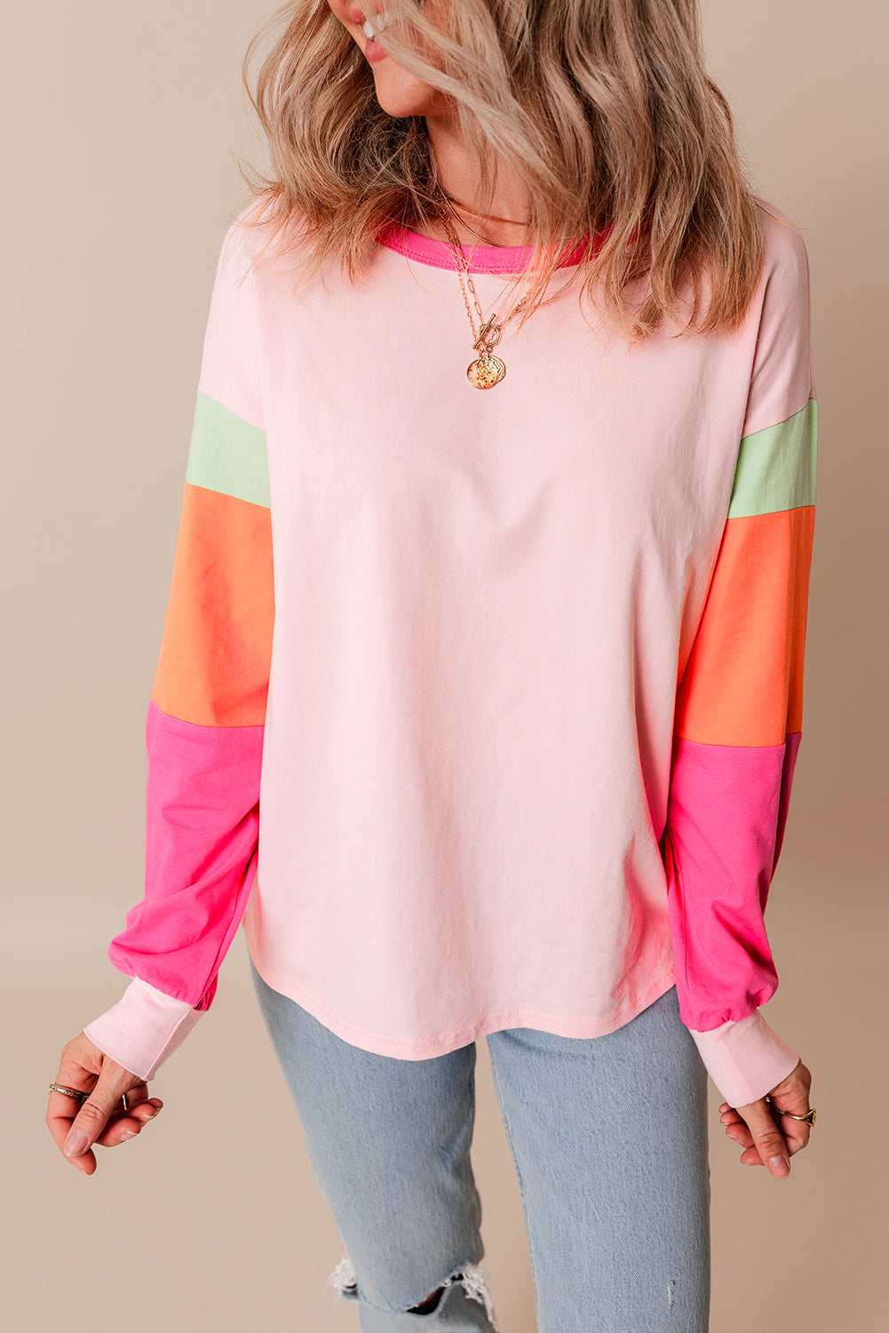 Dark blue colorblock patchwork long sleeve loose top by ModestAndDevoted, featuring cotton and elastane fabric, casual style.