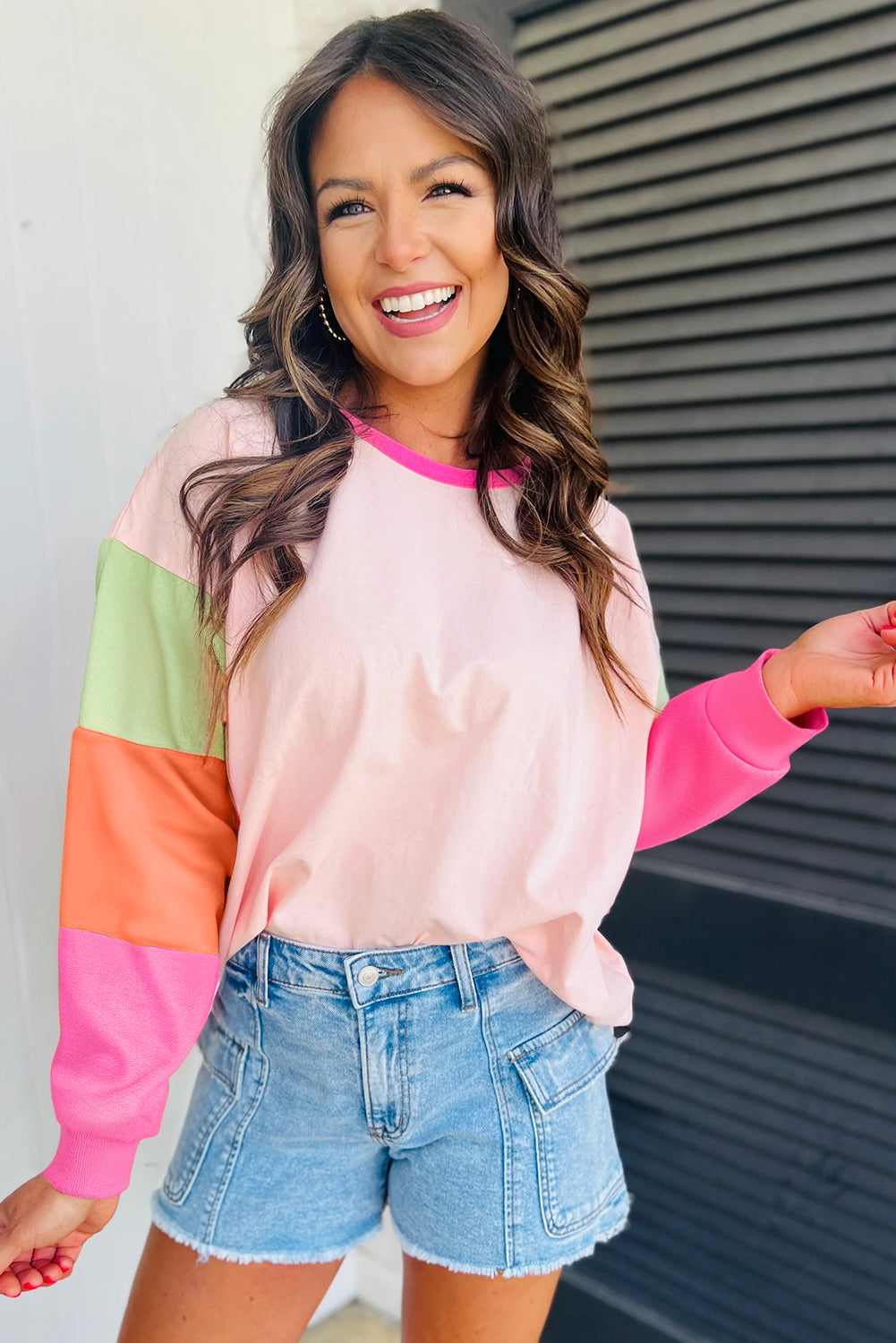 Dark blue colorblock patchwork long sleeve loose top by ModestAndDevoted, featuring a casual, comfortable design with cotton and elastane.