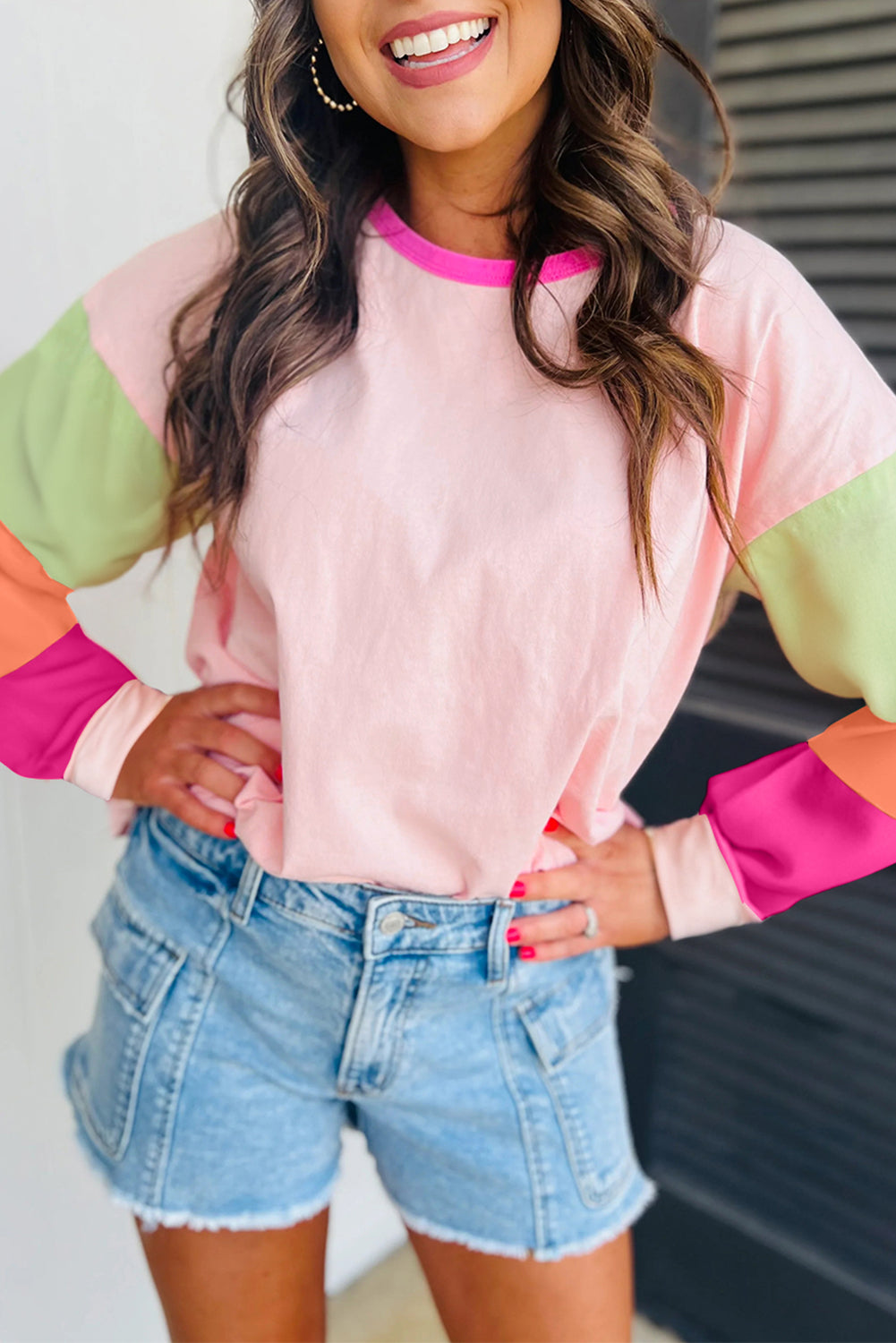 Dark blue colorblock patchwork long sleeve loose top from ModestAndDevoted, featuring a relaxed fit and cotton-elastane fabric blend.