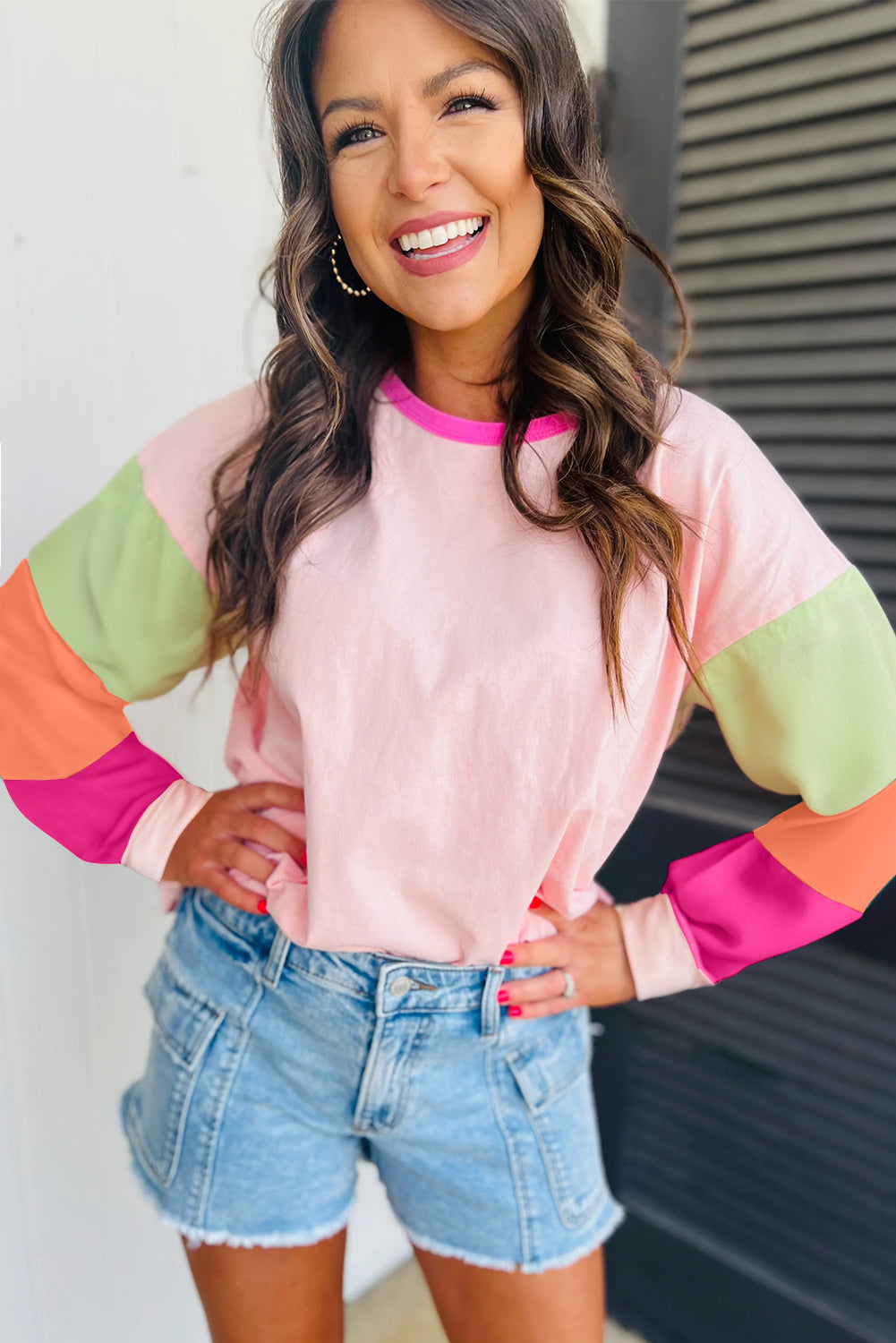 Dark blue colorblock patchwork long sleeve loose top by ModestAndDevoted, featuring a casual, comfortable fit with contrasting fabric patches.