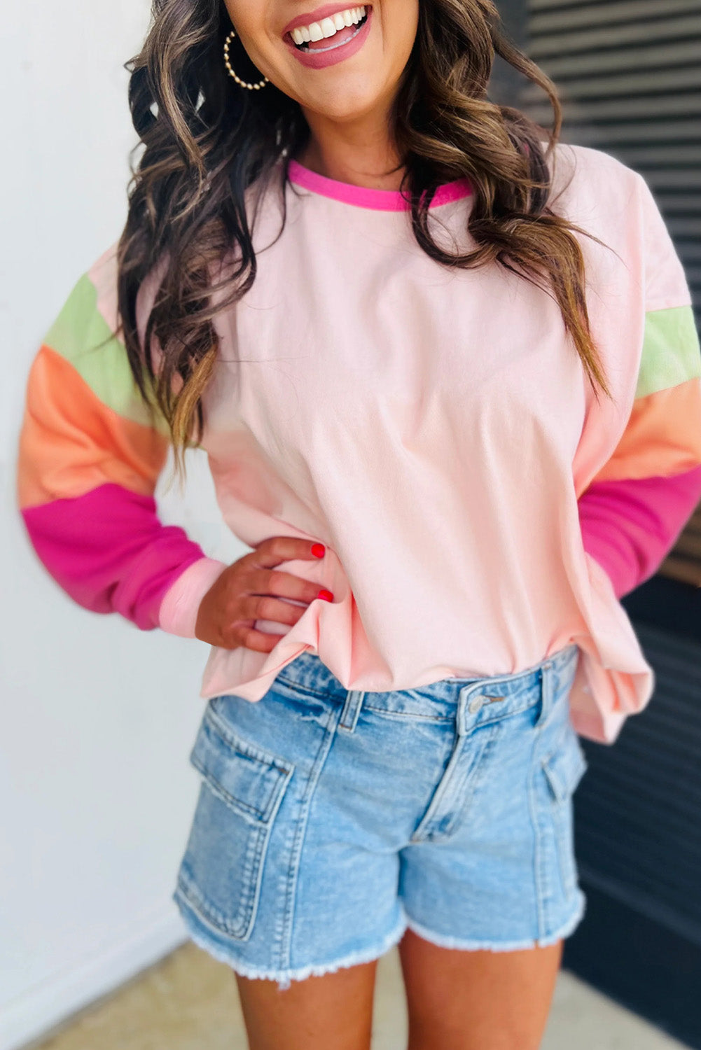 Dark blue colorblock patchwork long sleeve loose top by ModestAndDevoted, featuring a relaxed fit and stylish design.