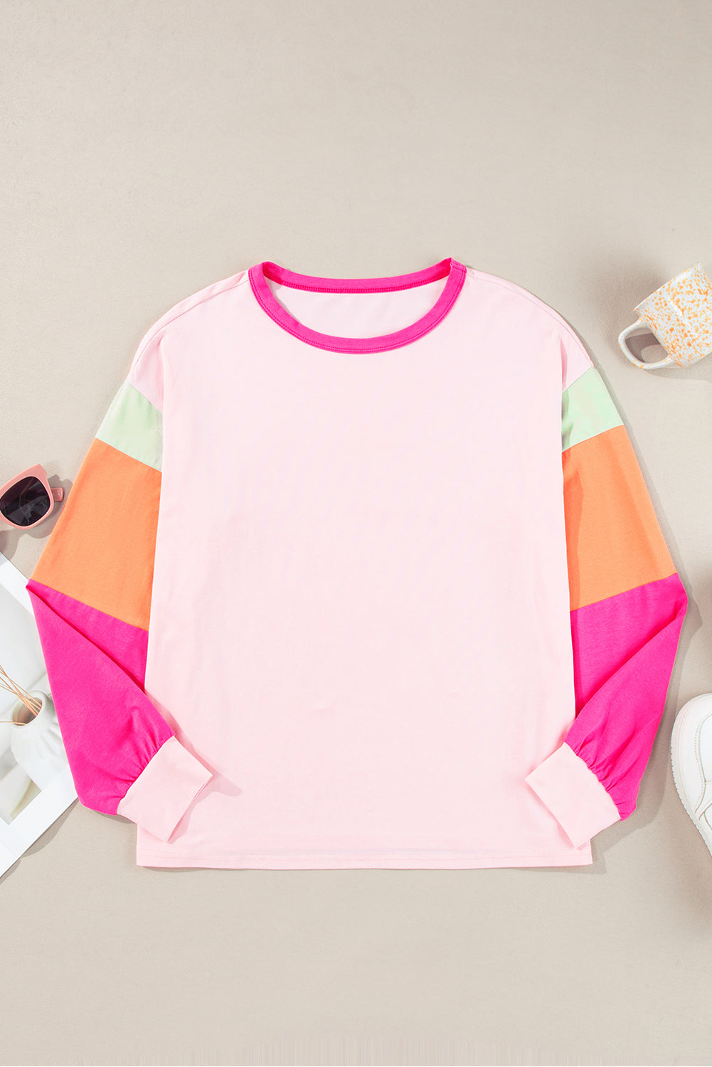 Dark blue colorblock patchwork long sleeve loose top by ModestAndDevoted, made of cotton-elastane blend, casual and stylish.