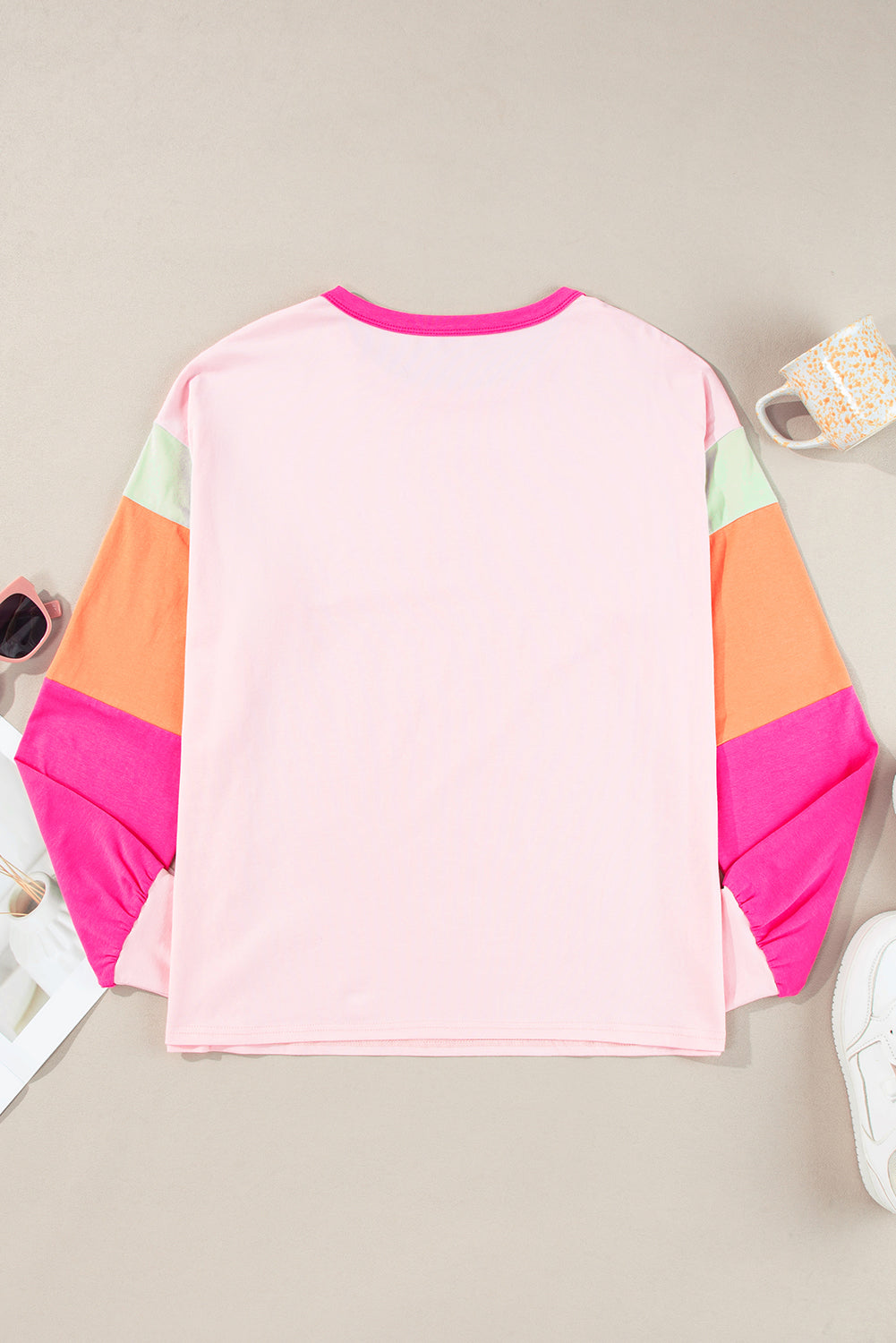 Dark blue colorblock patchwork long sleeve loose top by ModestAndDevoted, featuring a casual, comfortable cotton-elastane blend.