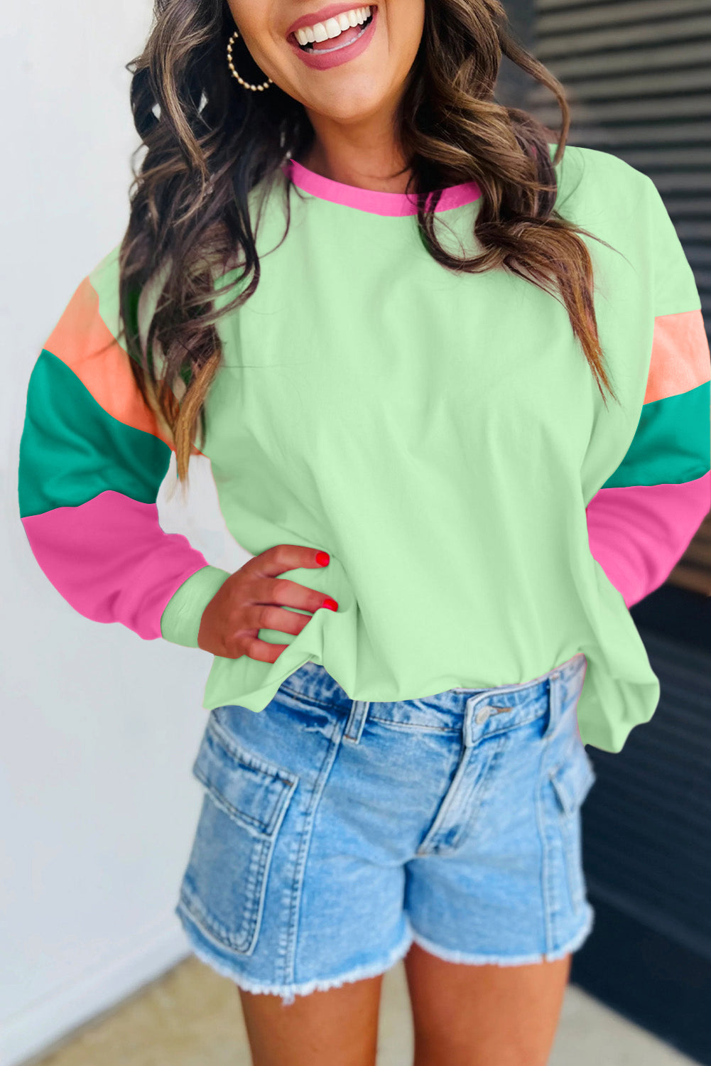 Dark blue colorblock patchwork long sleeve loose top by ModestAndDevoted, featuring a relaxed fit and cotton-elastane blend fabric.