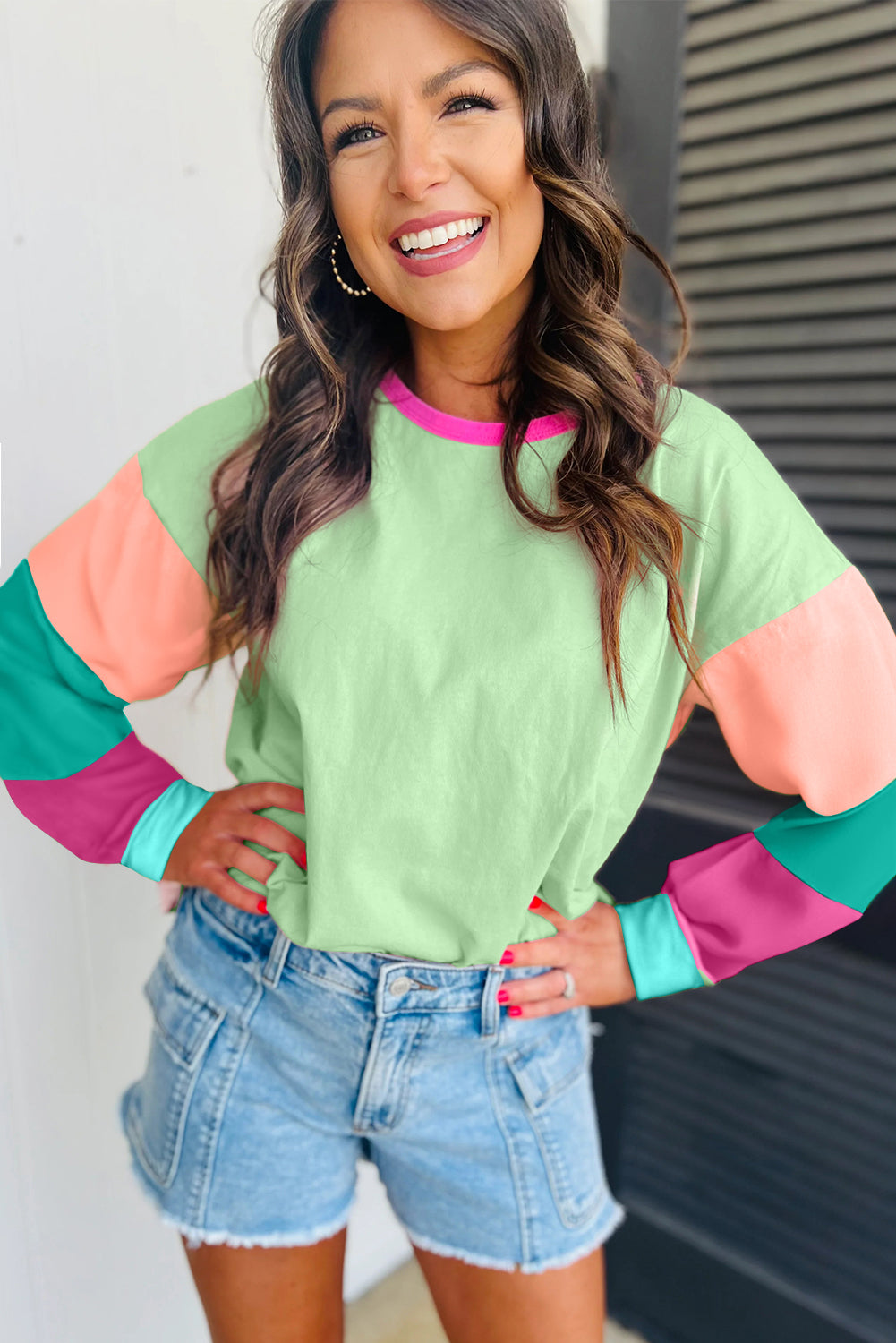 Dark blue colorblock patchwork long sleeve loose top from ModestAndDevoted featuring cotton-elastane blend and casual fit.