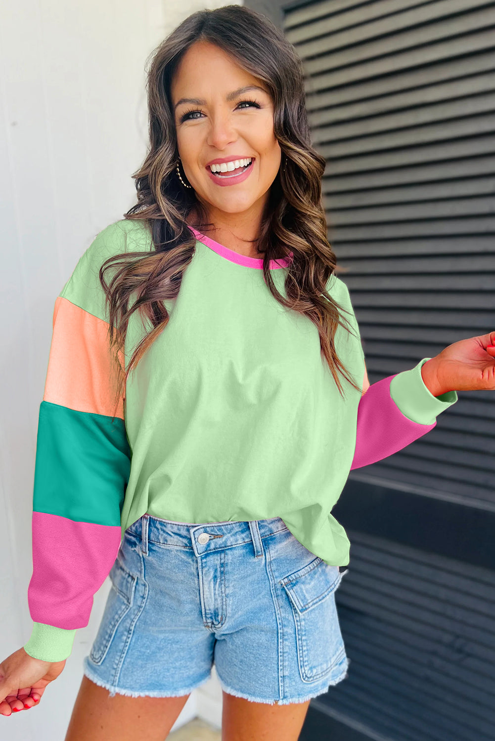 Dark blue colorblock patchwork long sleeve top by ModestAndDevoted, casual loose fit with cotton-elastane fabric for comfort.