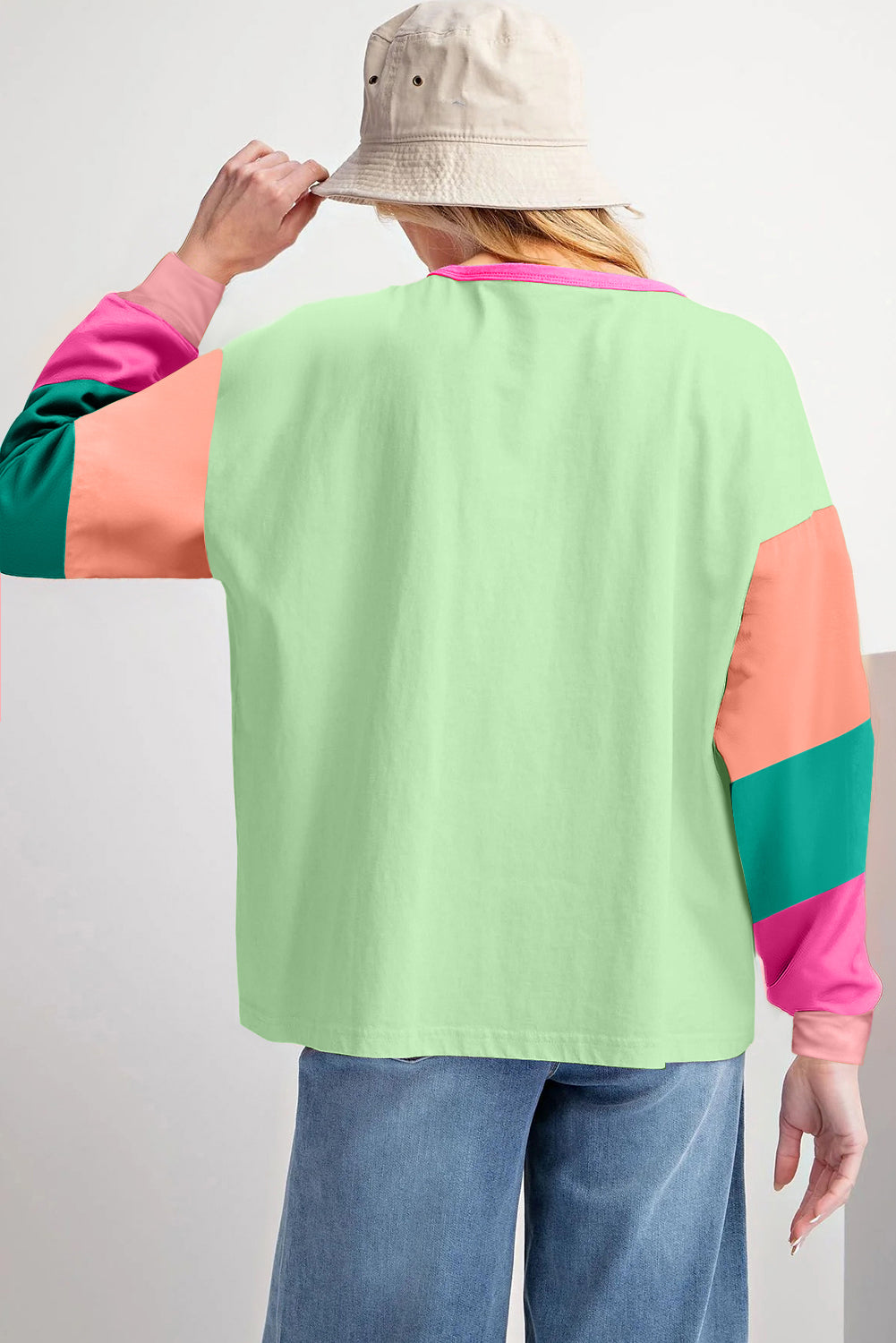 Dark blue colorblock patchwork long sleeve top by ModestAndDevoted, loose fit with cotton-elastane blend, casual and comfortable.