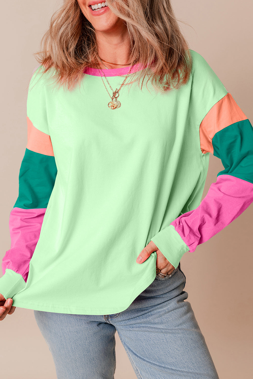 Dark blue colorblock patchwork long sleeve loose top by ModestAndDevoted, featuring a relaxed fit with cotton and elastane blend.