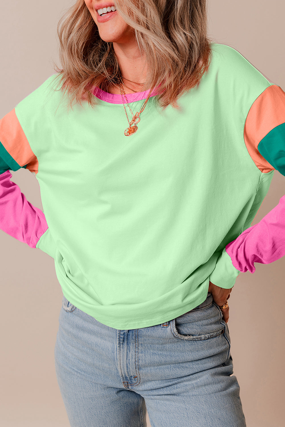 Dark blue colorblock patchwork long sleeve loose top by ModestAndDevoted, featuring a relaxed fit and cotton-elastane blend fabric.