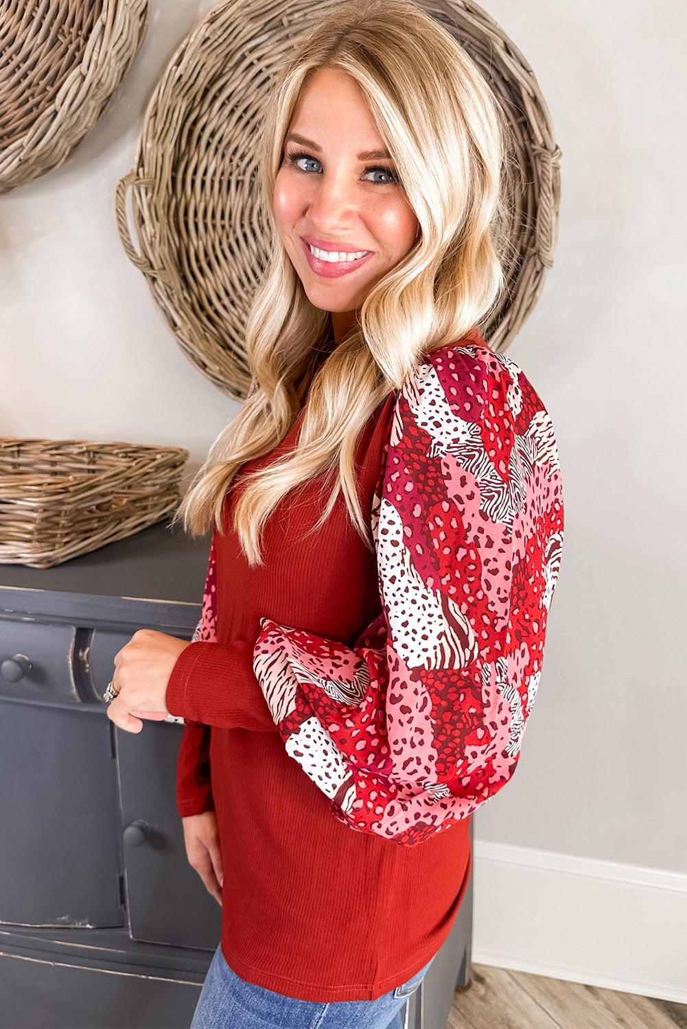 Fiery red contrast mixed animal print lantern sleeve patchwork long sleeve top by ModestAndDevoted, stylish and comfortable for casual wear.