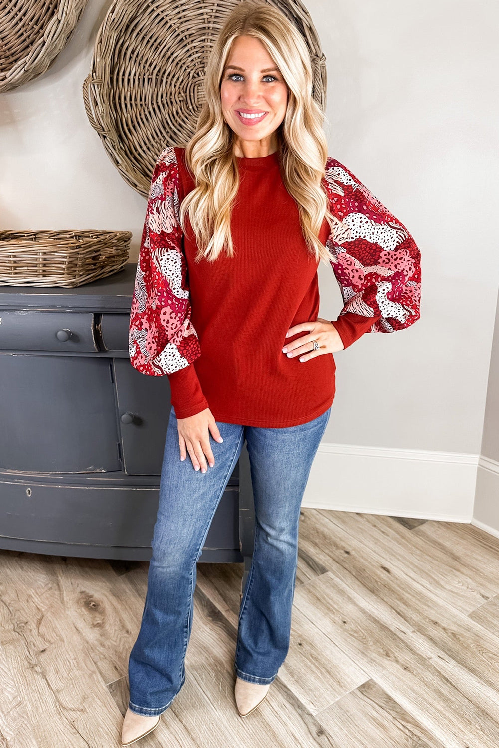 Fiery red contrast mixed animal print lantern sleeve patchwork long sleeve top by ModestAndDevoted.