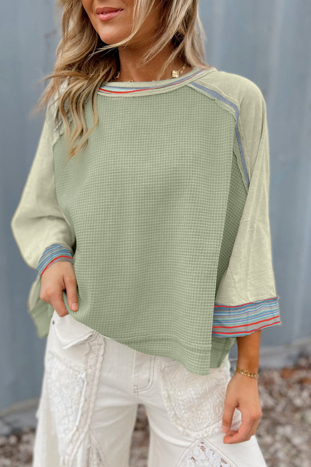 Grapefruit orange waffle knit raglan top with wide bracelet sleeves, patchwork design, long sleeve, from ModestAndDevoted.