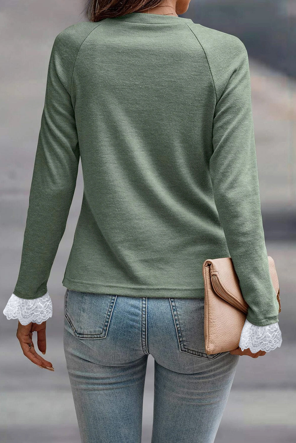 Grass green long sleeve top with seam detail, lace contrast cuffs, raglan sleeves, by ModestAndDevoted.