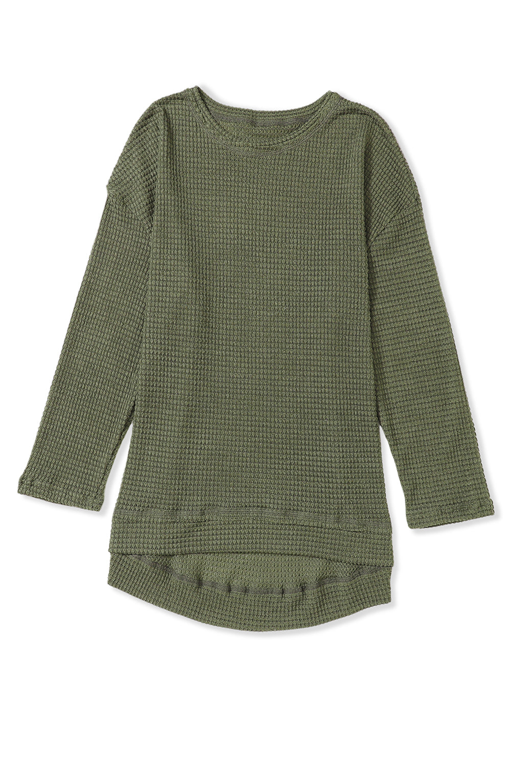 Green waffle knit oversized long sleeve top with high slits from ModestAndDevoted, featuring a relaxed fit and textured fabric.
