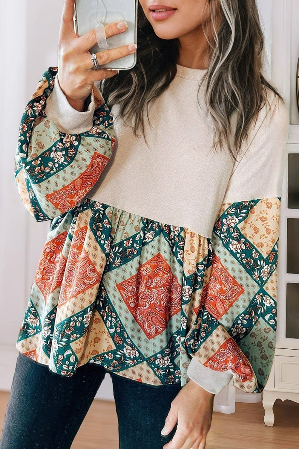 ModestAndDevoted Jet Stream Paisley Geometric Patchwork Crew Neck Long Sleeve Top, loose fit, featuring paisley and geometric patterns.