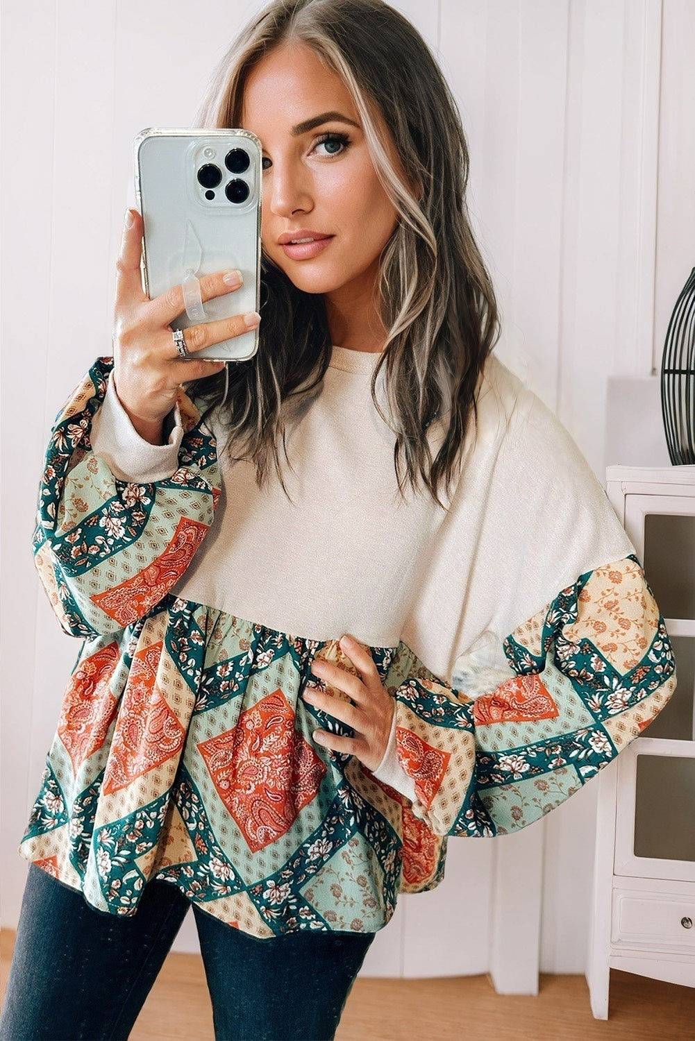 ModestAndDevoted Jet Stream Paisley Geometric Patchwork Crew Neck Long Sleeve Top, loose fit, polyester blend with cotton and elastane.