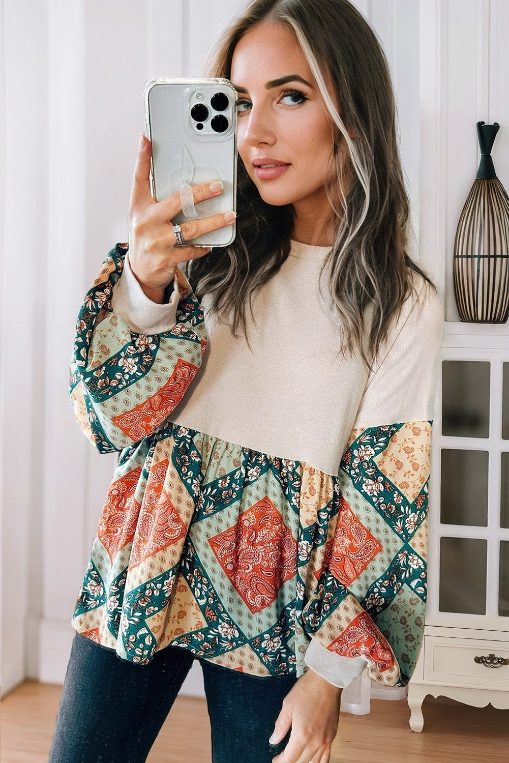ModestAndDevoted Jet Stream Paisley Geometric Patchwork Crew Neck Long Sleeve Top, loose fit with vibrant pattern and comfortable fabric.