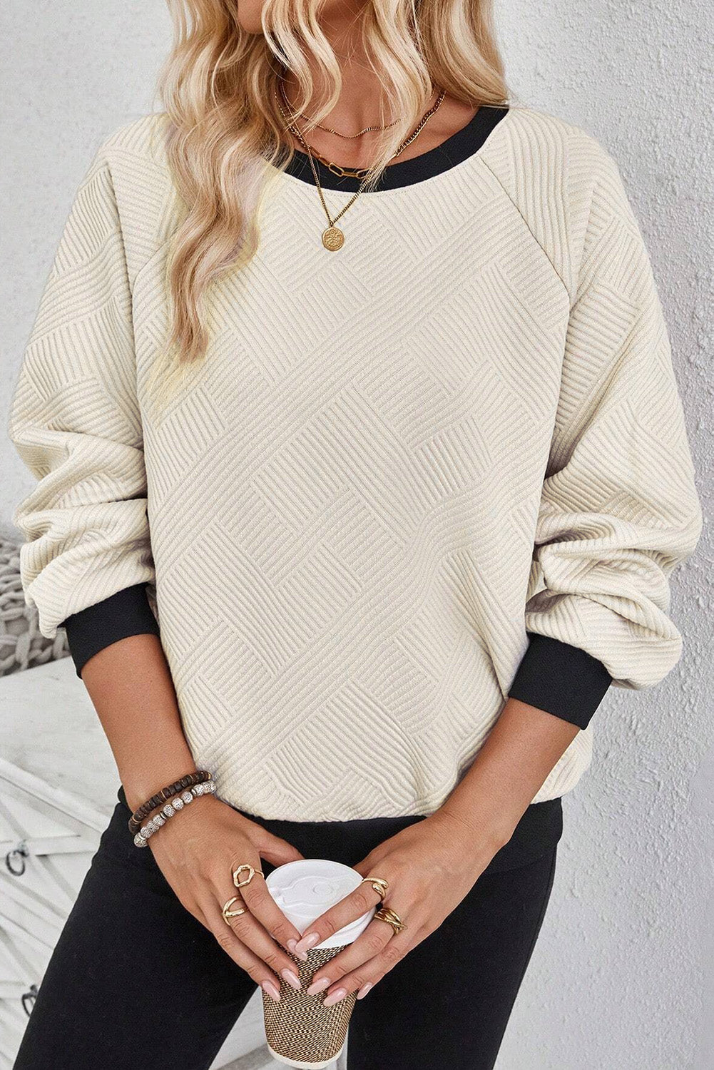ModestAndDevoted Jet Stream color block raglan sleeve textured crew neck top, long sleeve polyester-elastane blend for women.