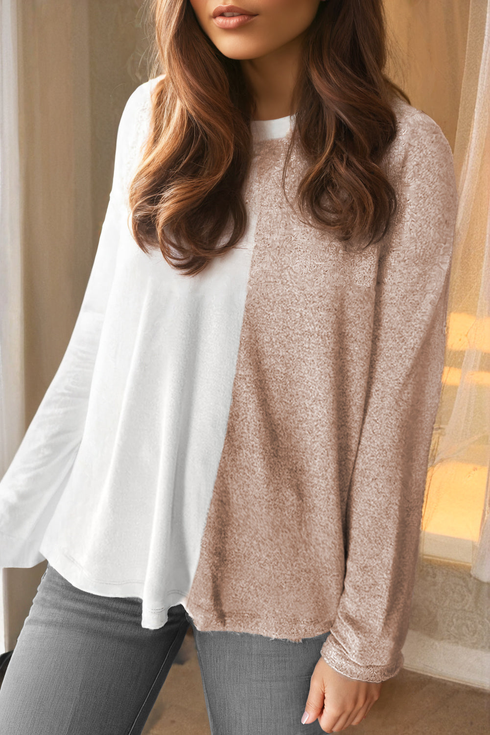 Khaki colorblock long sleeve crew neck top by ModestAndDevoted, featuring a fitted design with polyester, viscose, and elastane fabric.