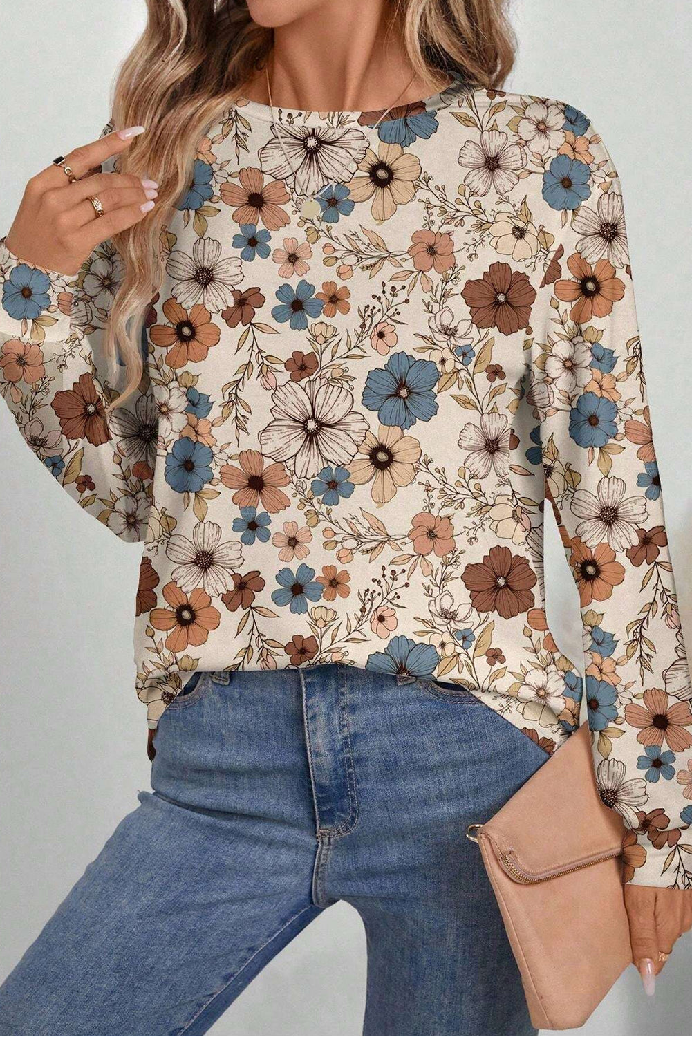 Khaki floral print loose crew neck long sleeve T-shirt by ModestAndDevoted, made of polyester and elastane, casual top.