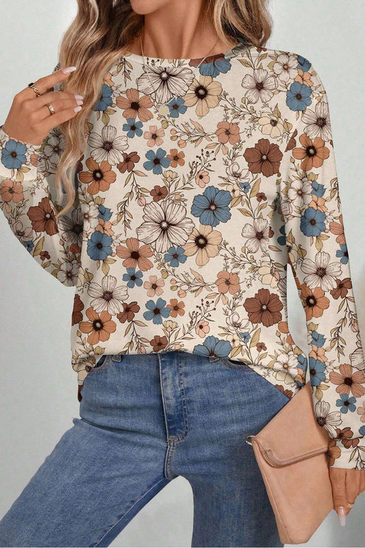 Khaki floral print loose crew neck long sleeve T-shirt by ModestAndDevoted, made of polyester and elastane, casual top.