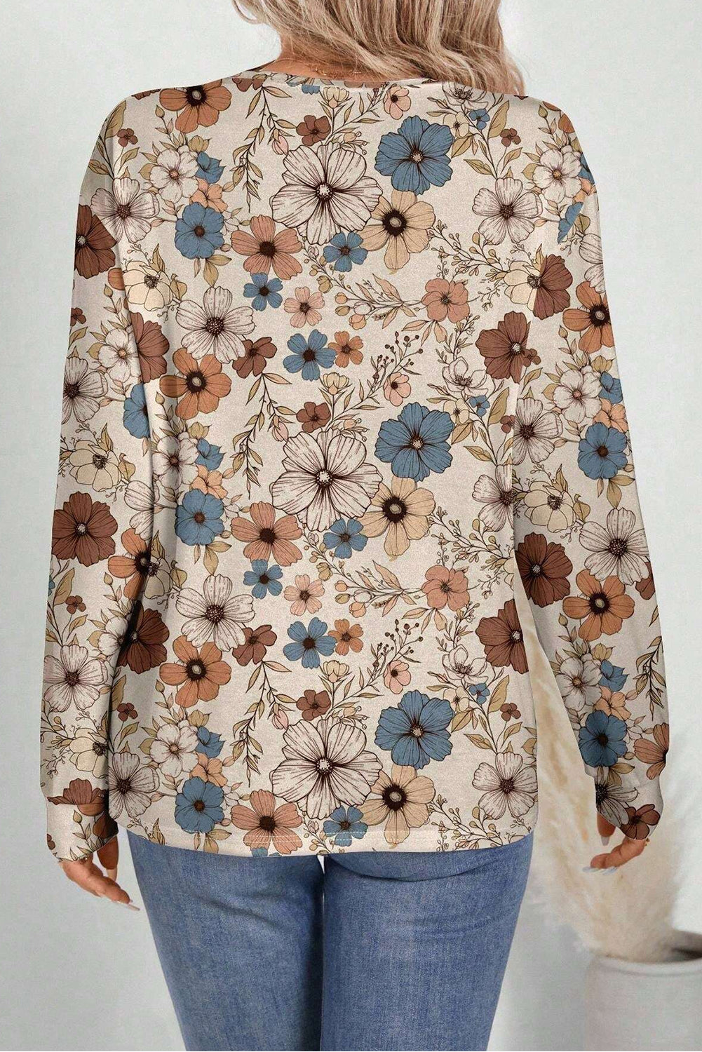 Khaki floral print long sleeve crew neck T-shirt by ModestAndDevoted, loose fit, soft polyester and elastane fabric.