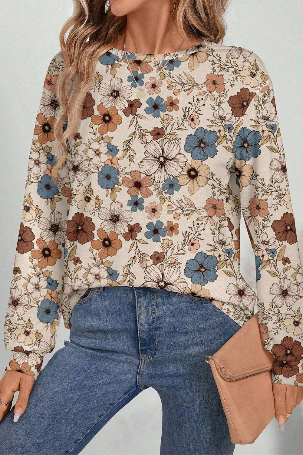 Khaki floral print long sleeve crew neck T-shirt by ModestAndDevoted, featuring a relaxed fit and lightweight polyester-elastane fabric.
