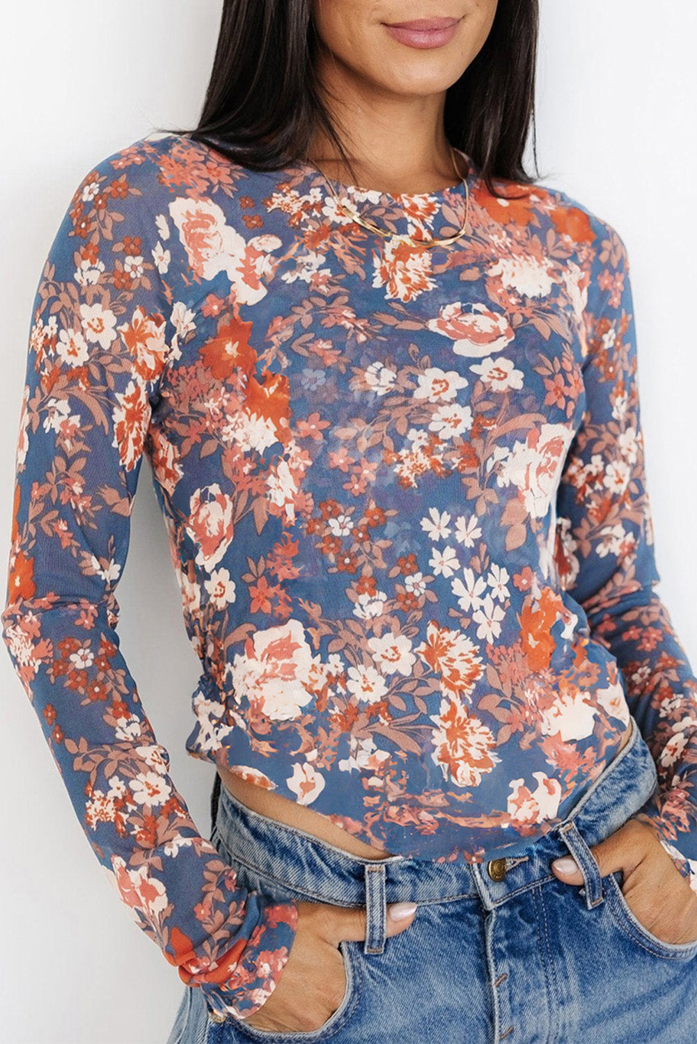 ModestAndDevoted orchid petal floral print mesh fitted long sleeve top with long sleeves and elegant design.