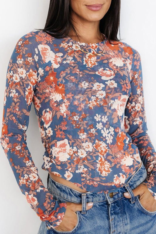 ModestAndDevoted orchid petal floral print mesh fitted long sleeve top with long sleeves and elegant design.
