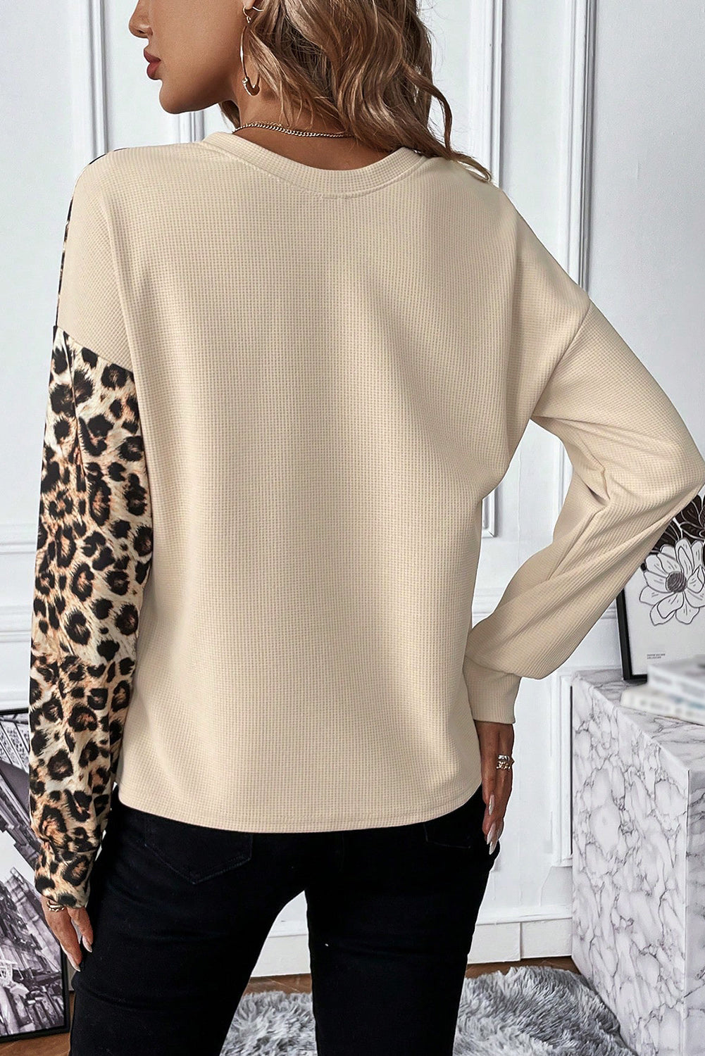 Pale khaki leopard colorblock waffle knit long sleeve top by ModestAndDevoted, featuring a stylish leopard pattern and cozy fabric.