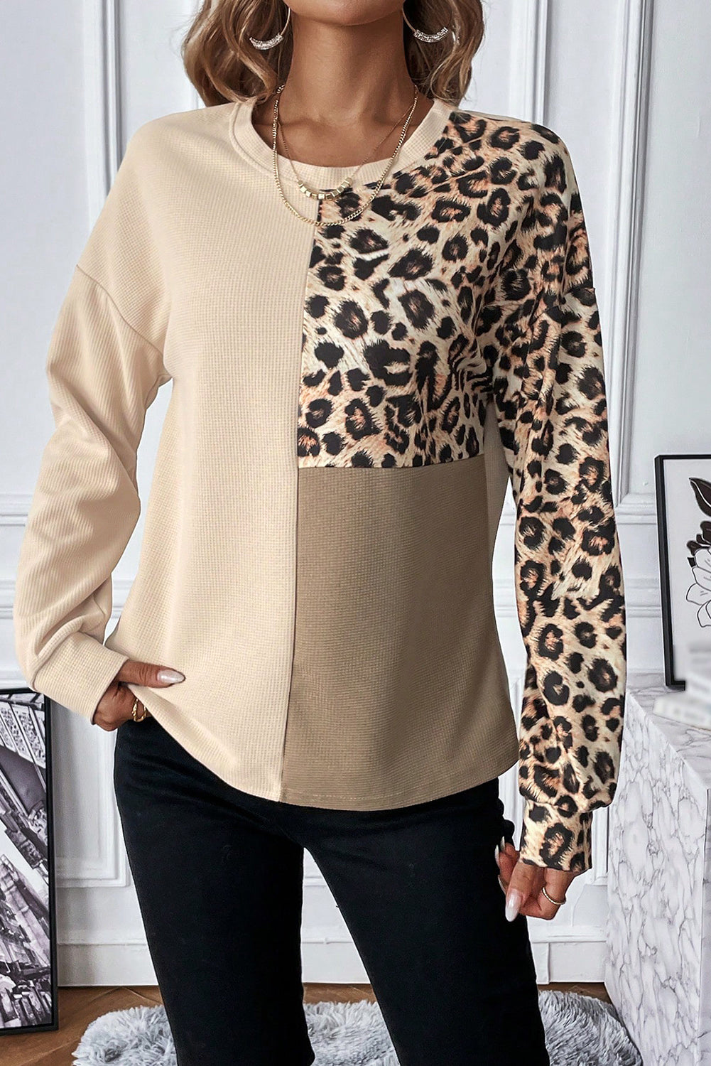Pale khaki leopard colorblock waffle knit top by ModestAndDevoted, long sleeve women's shirt with a cozy textured fabric.