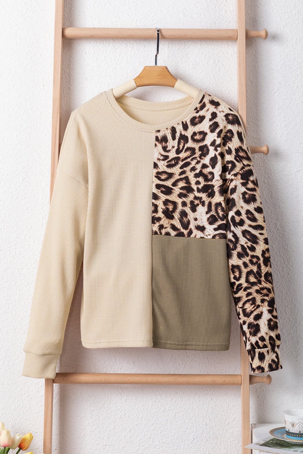 Pale khaki leopard colorblock waffle knit top by ModestAndDevoted, long sleeve casual top with mixed fabric texture.