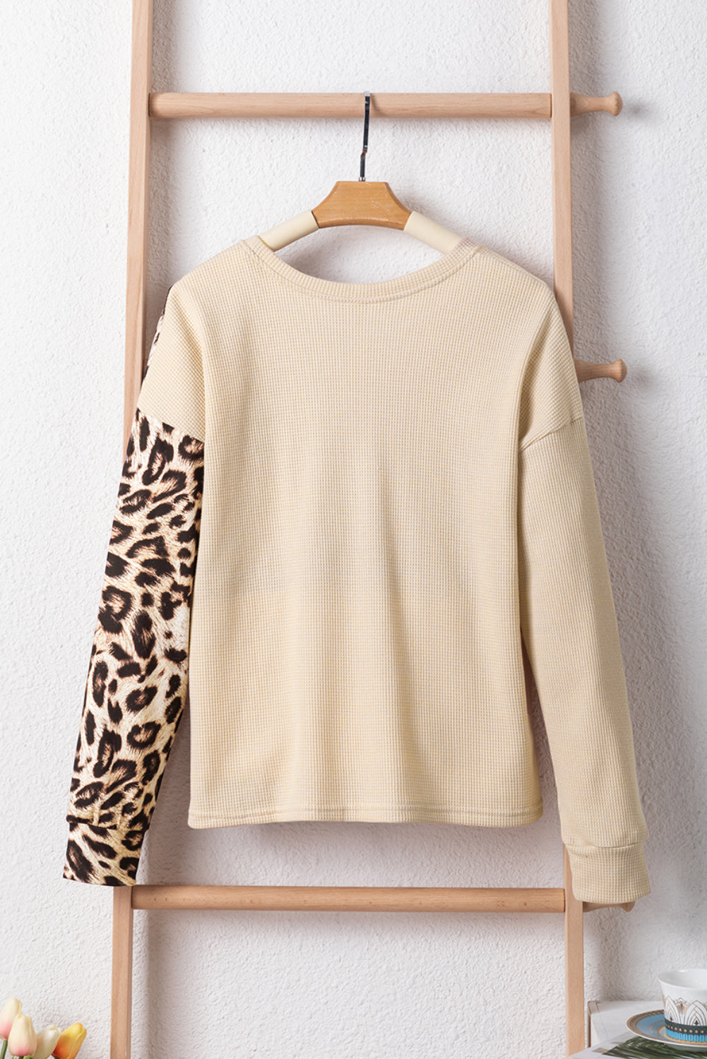 Pale khaki leopard colorblock waffle knit long sleeve top by ModestAndDevoted, featuring a cozy textured fabric and colorblock design.