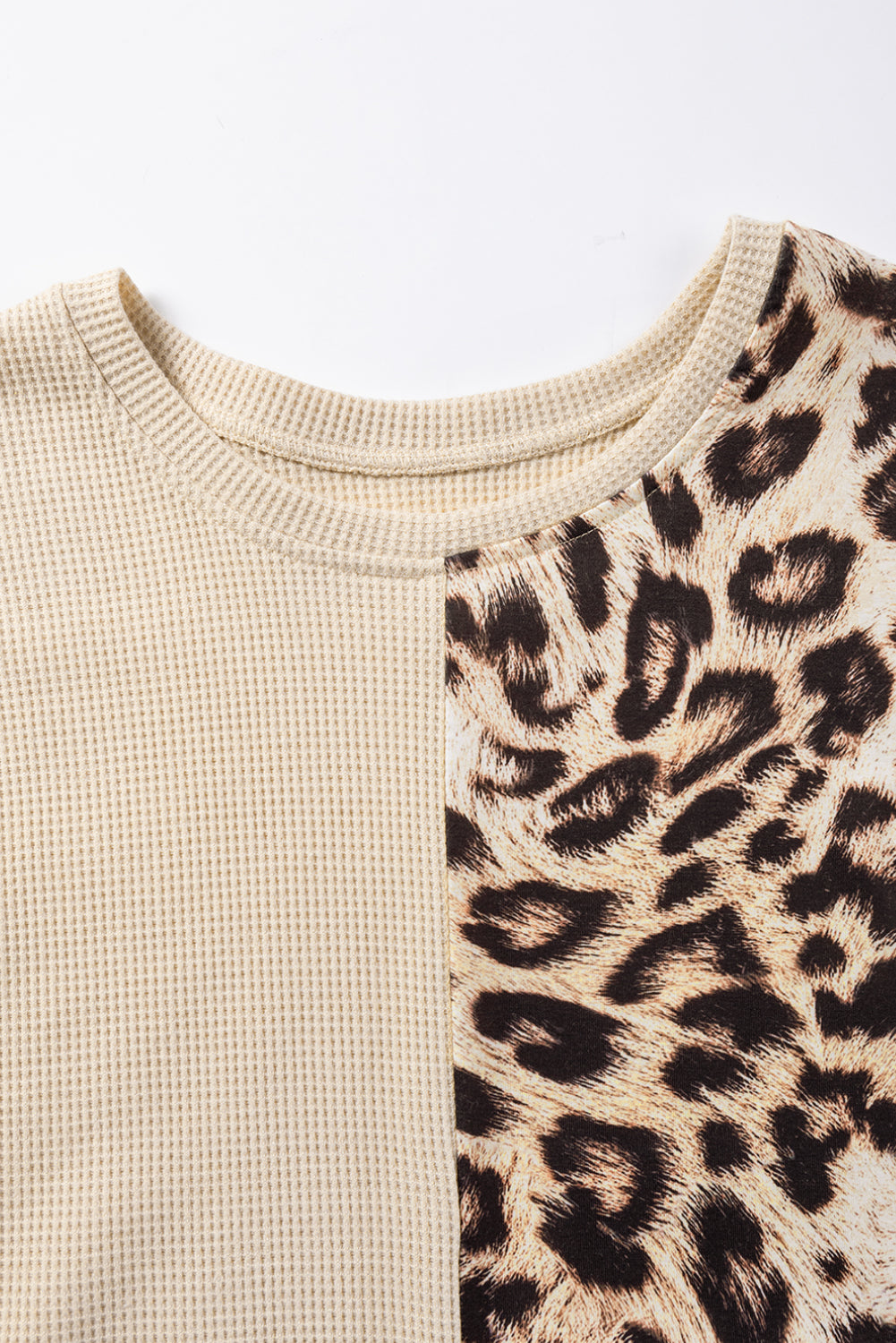 Pale khaki leopard colorblock waffle knit top by ModestAndDevoted, long sleeve casual top with a textured fabric and colorblock design.