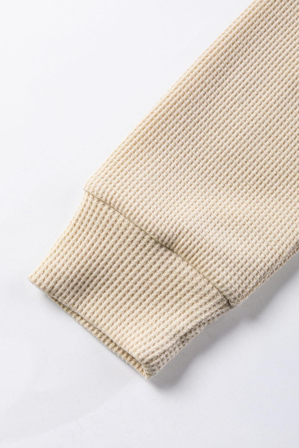 Pale khaki leopard colorblock waffle knit top by ModestAndDevoted, long sleeve casual shirt with mixed fabric texture.