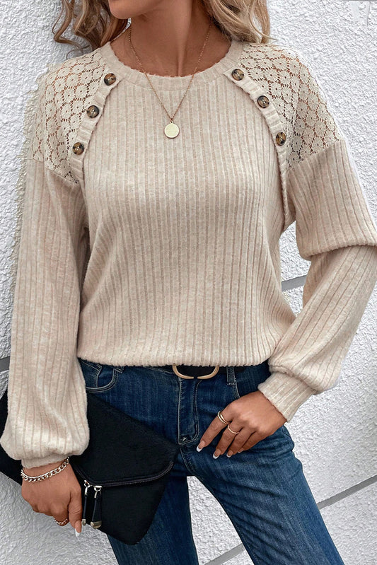 ModestAndDevoted long sleeve ribbed top with parchment color, contrast lace raglan sleeves, button details, and a fitted style.