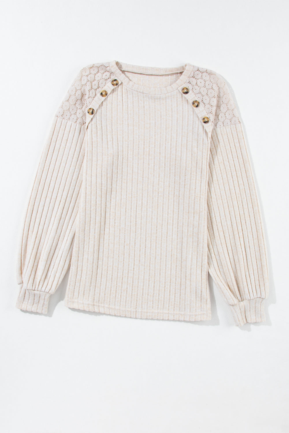 ModestAndDevoted long sleeve ribbed top with parchment color, contrast lace raglan sleeves, button details, made of polyester, viscose, elastane.