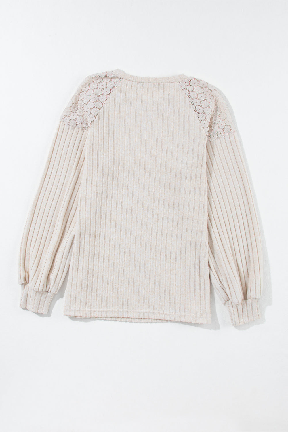 ModestAndDevoted long sleeve ribbed top with parchment color, contrast lace raglan sleeves, button details, and stretchy fabric.
