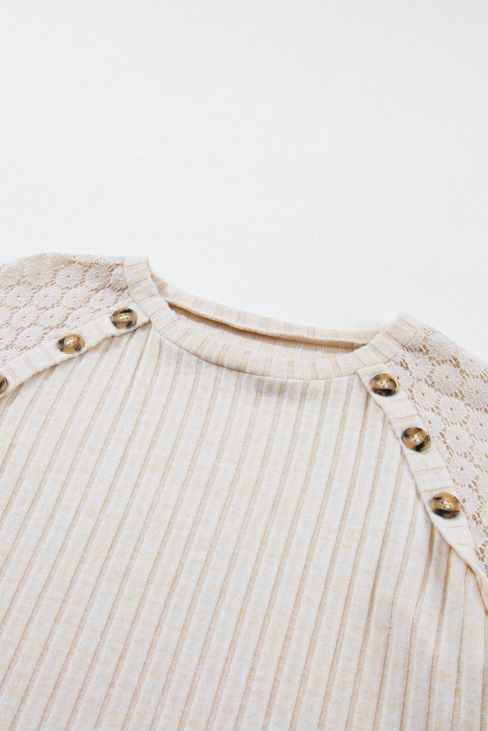 ModestAndDevoted parchment contrast lace raglan sleeve ribbed top with button details, long sleeve, stretchy fabric for a stylish look.