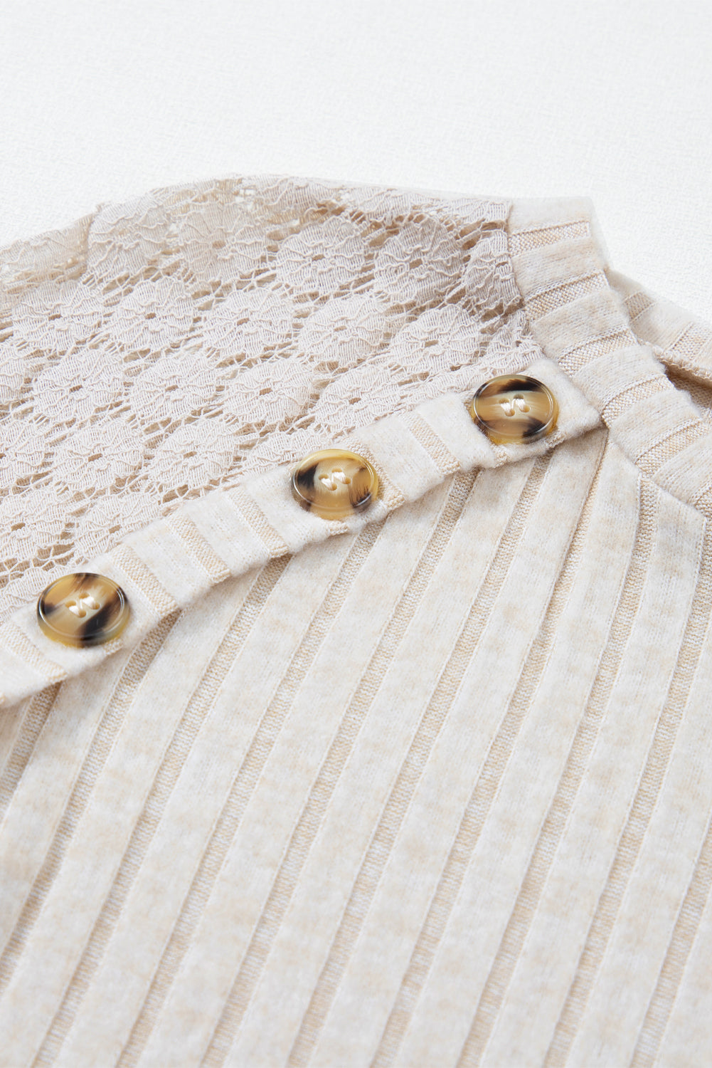 ModestAndDevoted long sleeve ribbed top with parchment color, contrast lace raglan sleeves, and button details.