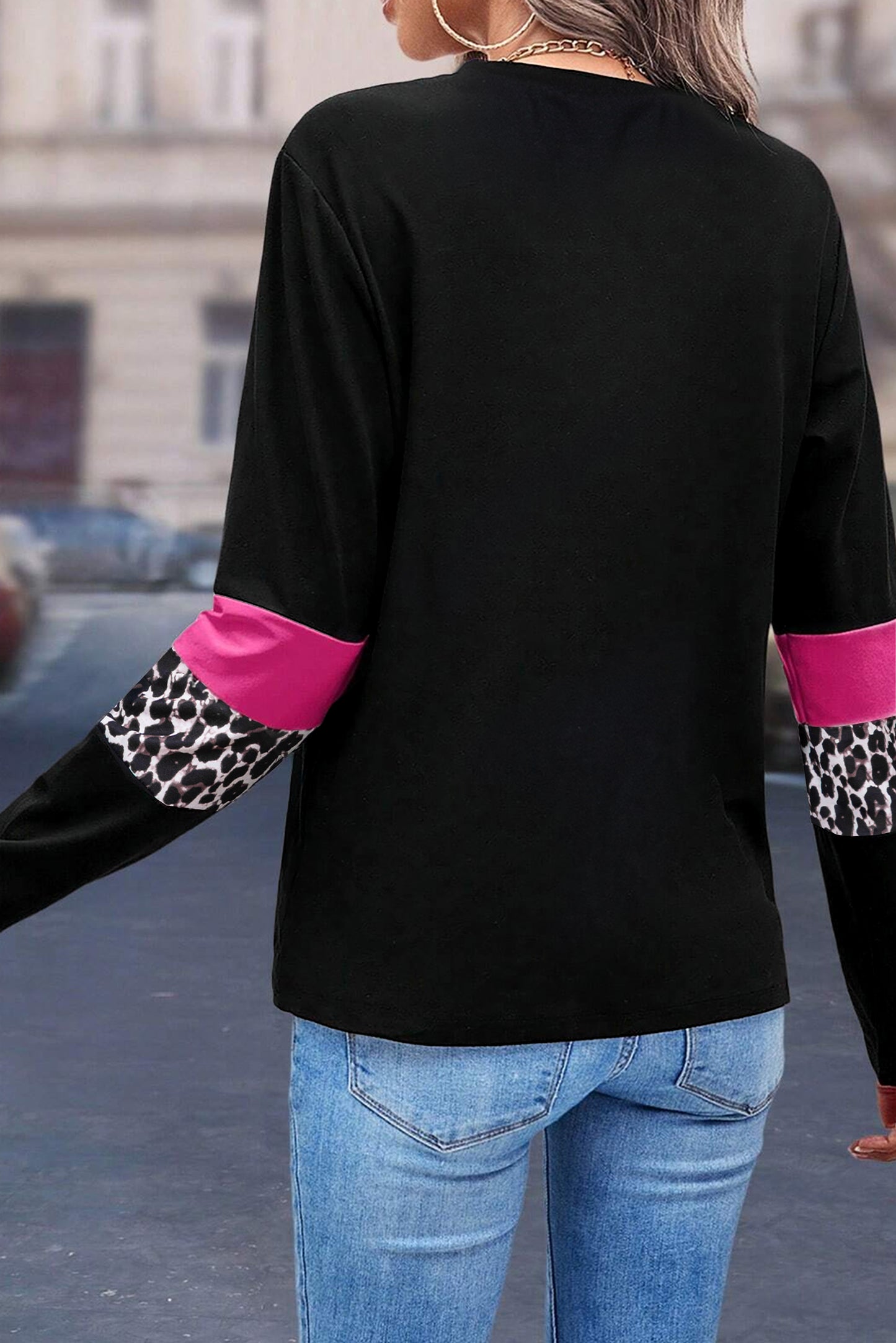 Rose leopard colorblock patchwork long sleeve crew neck tee by ModestAndDevoted, featuring a vibrant rose and leopard print design.