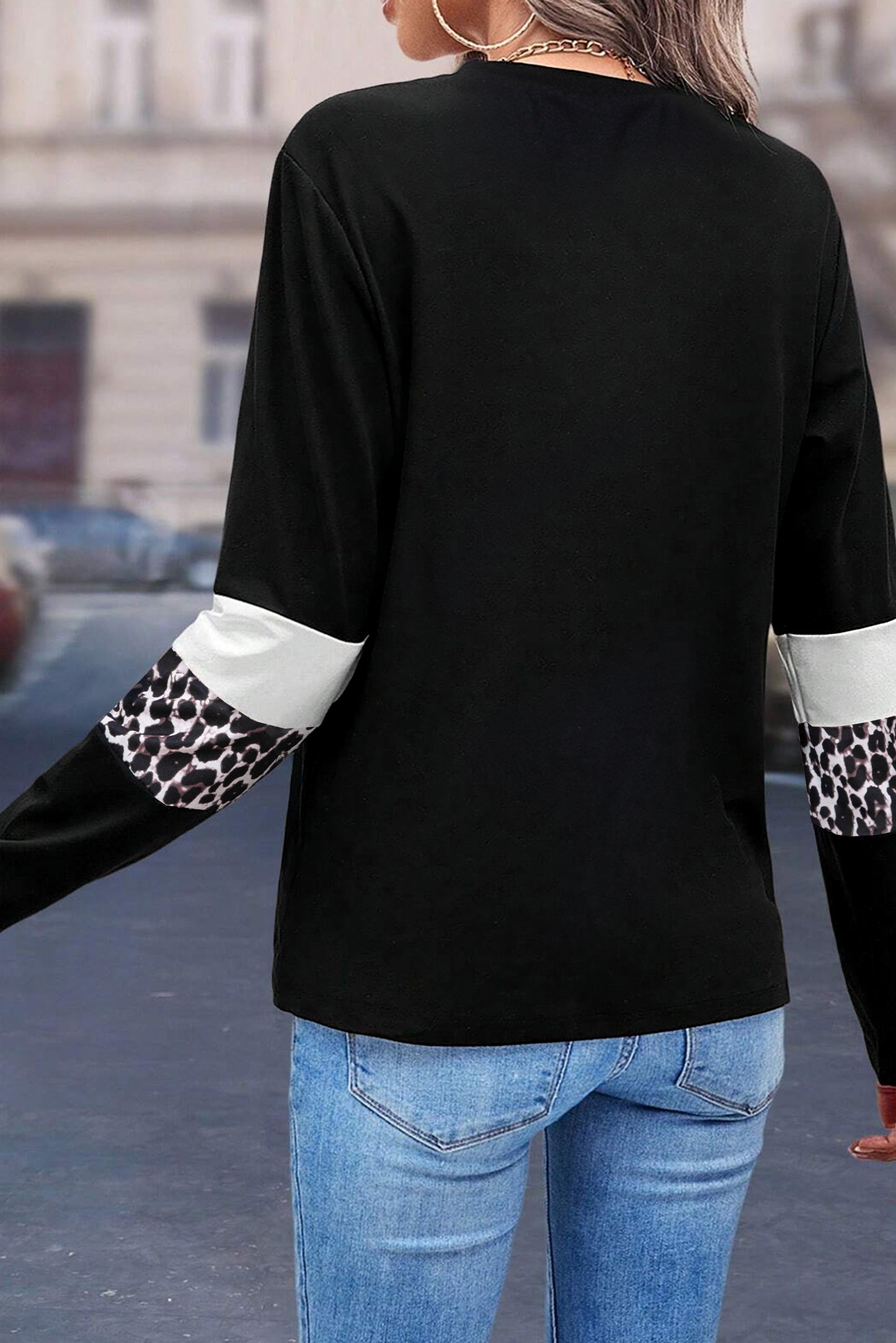 Rose leopard colorblock patchwork crew neck long sleeve tee from ModestAndDevoted, featuring a stylish, comfortable cotton-elastane blend.