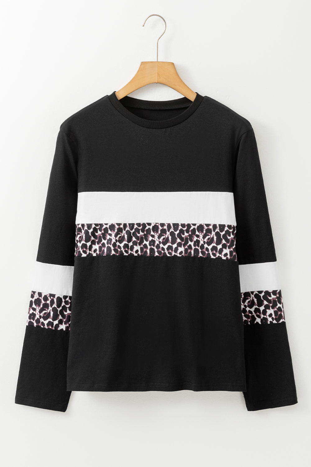 Rose leopard patchwork crew neck long sleeve tee from ModestAndDevoted, made of cotton and elastane, featuring colorblock design.