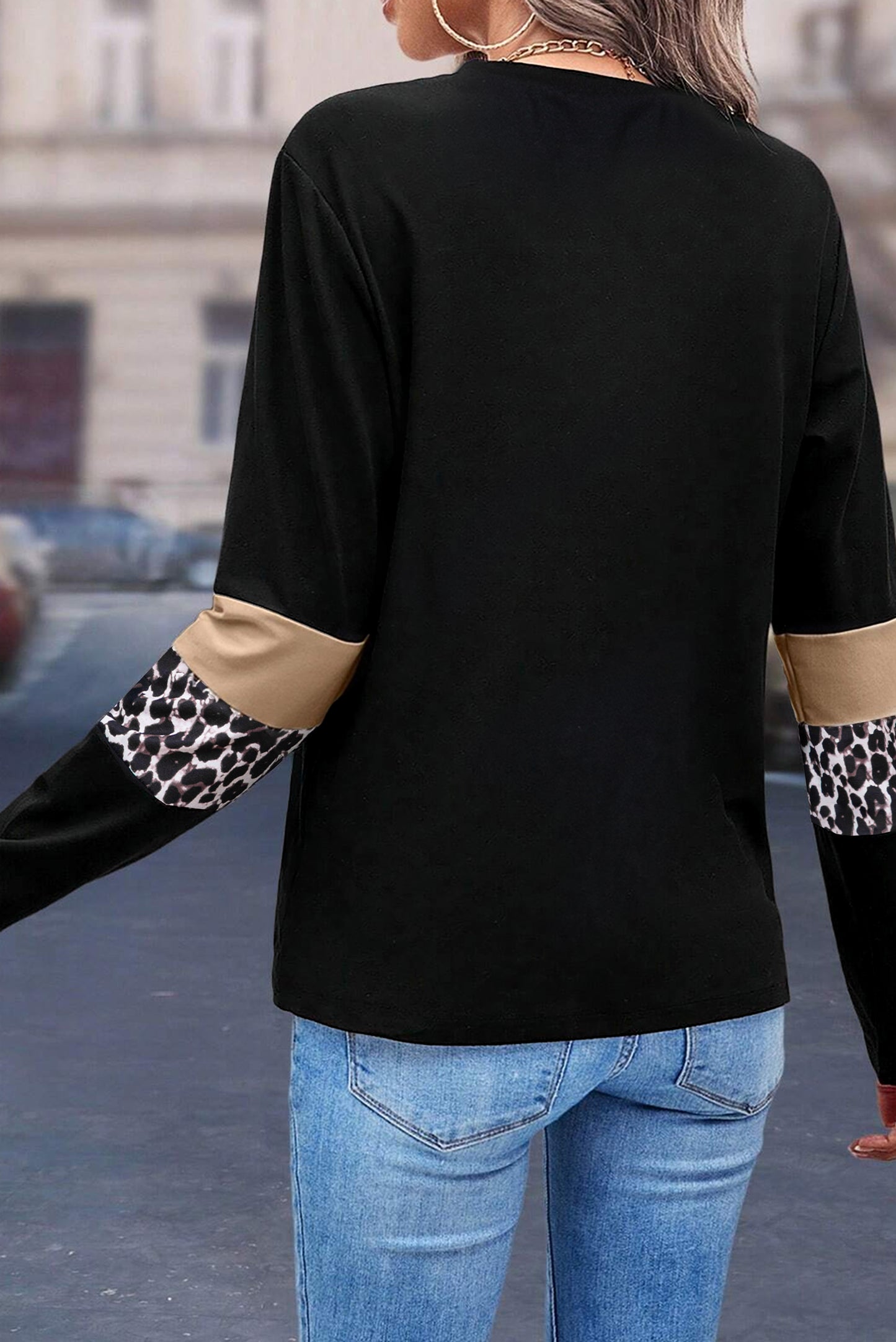 Rose leopard colorblock patchwork crew neck long sleeve T-shirt by ModestAndDevoted, featuring a stylish rose design and comfortable cotton blend.